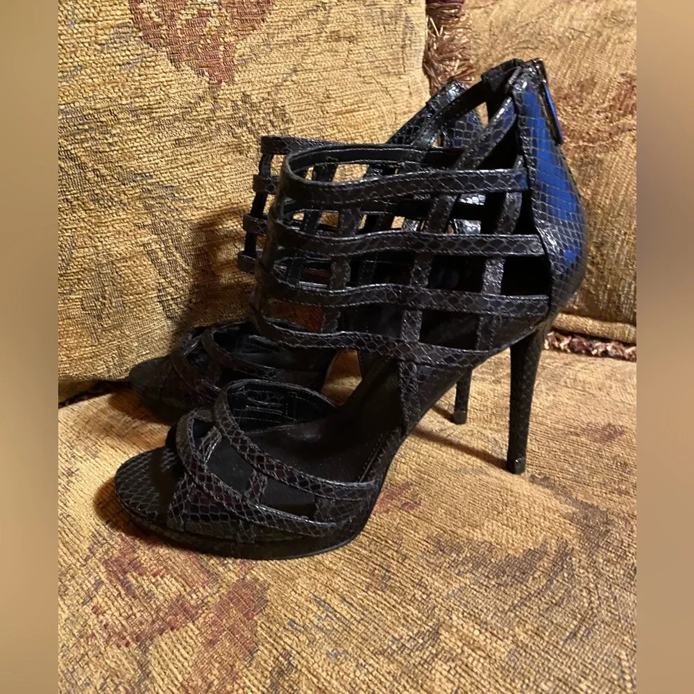 Michael Kors Black Trinity Platform Embossed Leather Strappy Heels platform 9
